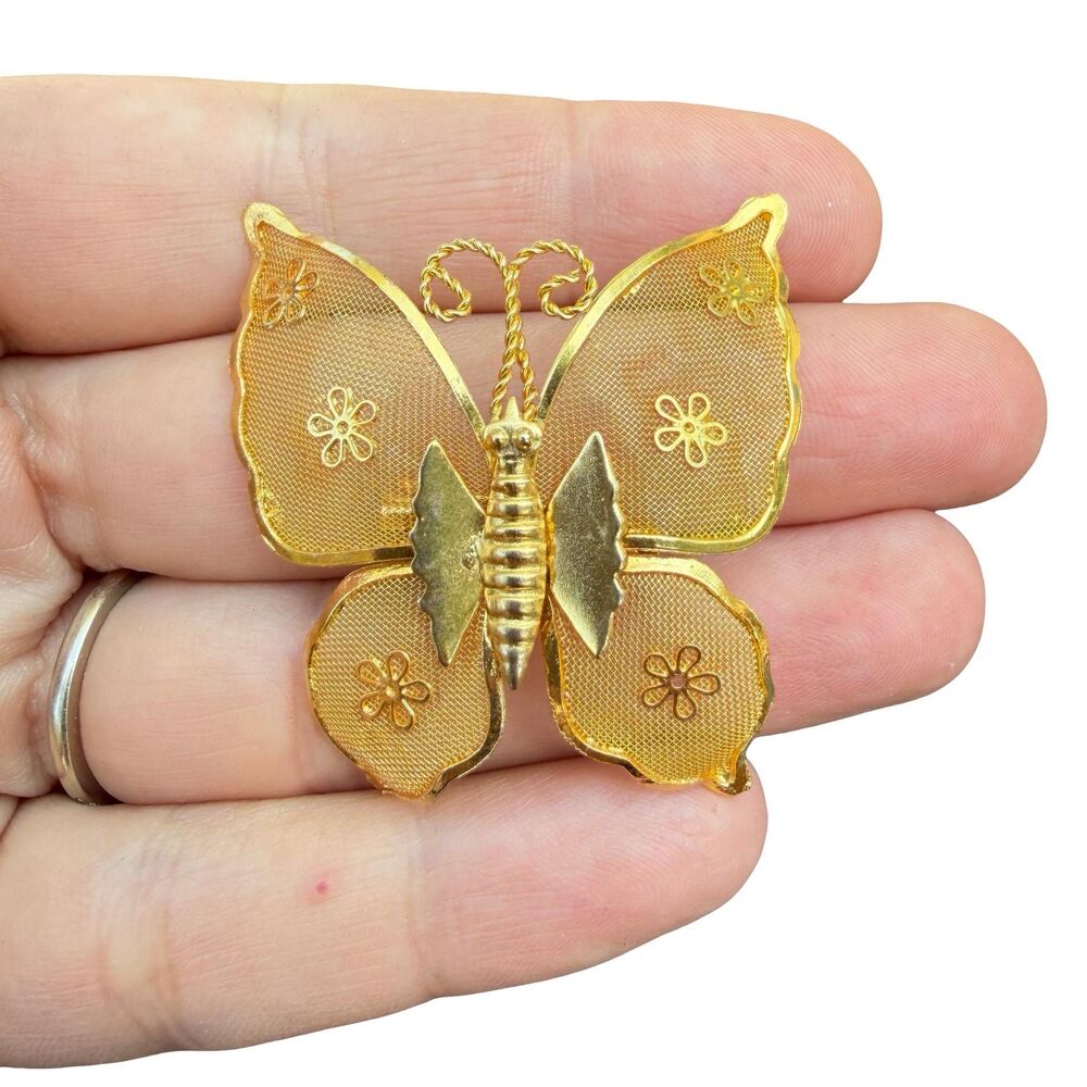 Vintage Jewelry Gold Tone Mesh Butterfly Brooch Pin